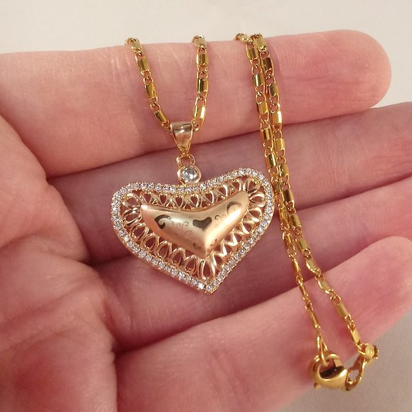 Kristy's Jewels Jewelry - 18K Yellow Gold Filled Luxury Heart Diamond Zircon Laser Carved Pendant Necklace